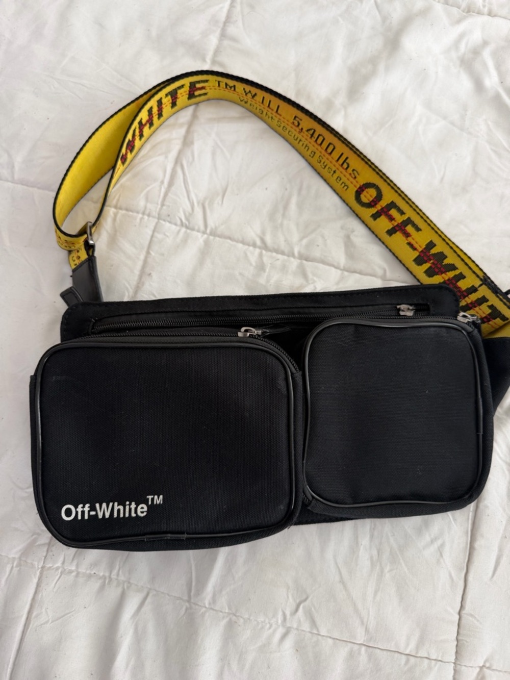 Off-White Black Belt Bag with Yellow Industrial Strap